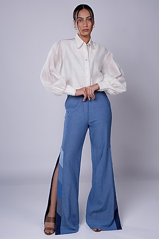 White Denim Silk & Silk Cotton Co-Ord Set by Diksha Khanna