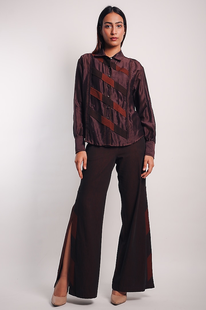 Brown Denim & Silk Cotton Patchwork Ombre Pant Set by Diksha Khanna