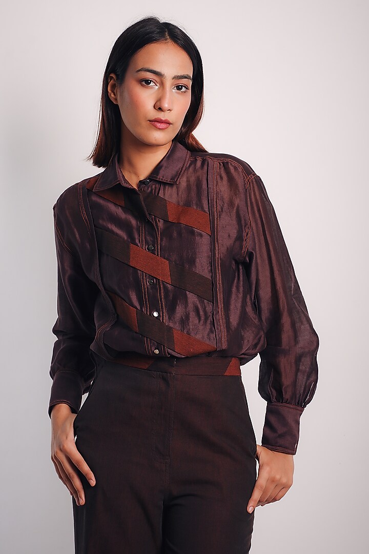 Brown Denim & Silk Cotton Patchwork Ombre Pant Set by Diksha Khanna at Pernia's Pop Up Shop
