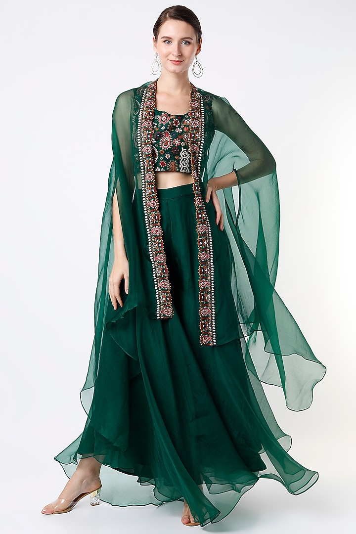 Forest Green Silk Organza Wedding Sharara Set by Divyam Mehta at Pernia's Pop Up Shop