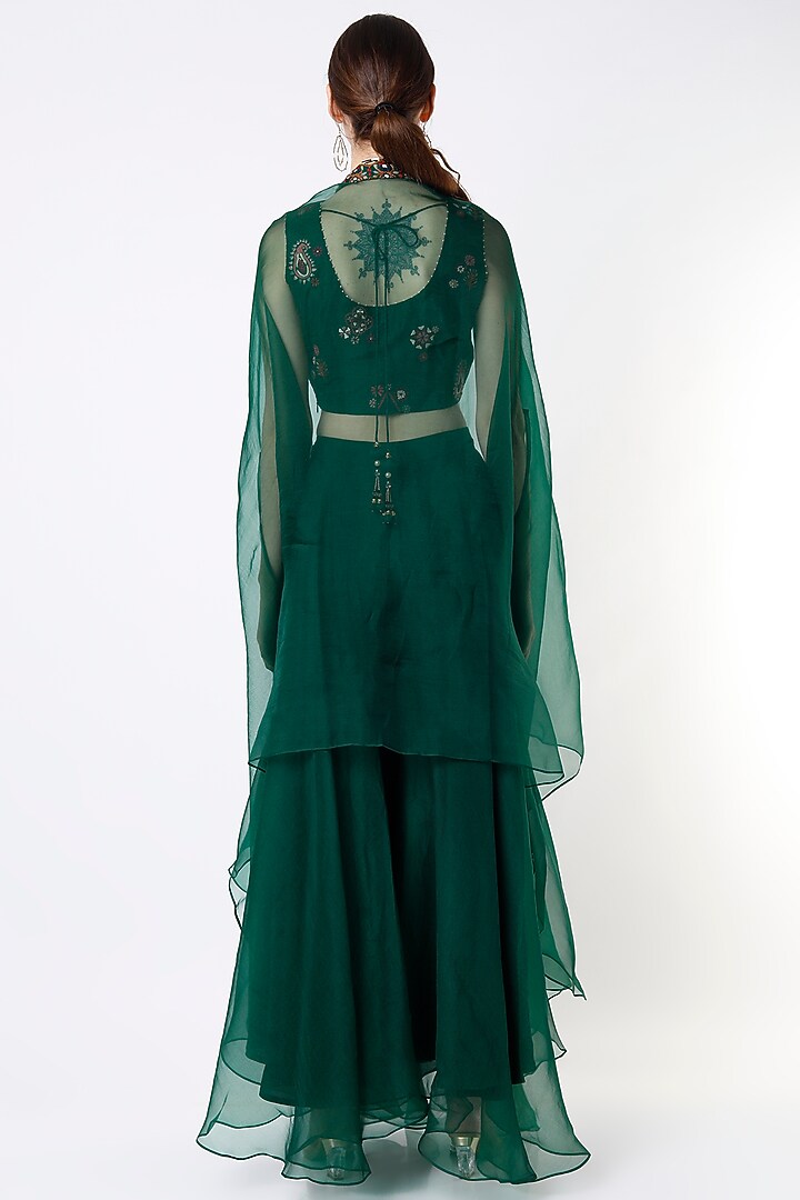 Forest Green Silk Organza Wedding Sharara Set by Divyam Mehta at Pernia's Pop Up Shop