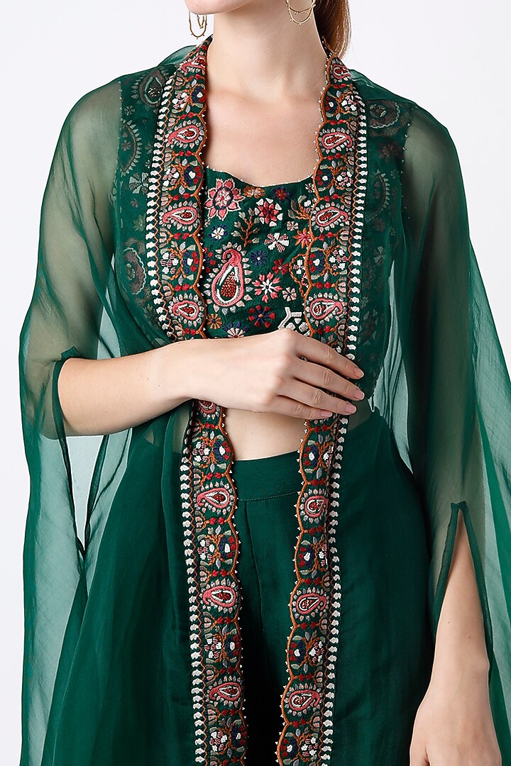 Forest Green Silk Organza Wedding Sharara Set by Divyam Mehta at Pernia's Pop Up Shop