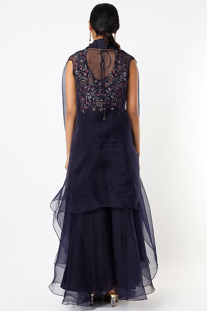 Space Blue Silk Organza Wedding Sharara Set by Divyam Mehta at Pernia's Pop Up Shop