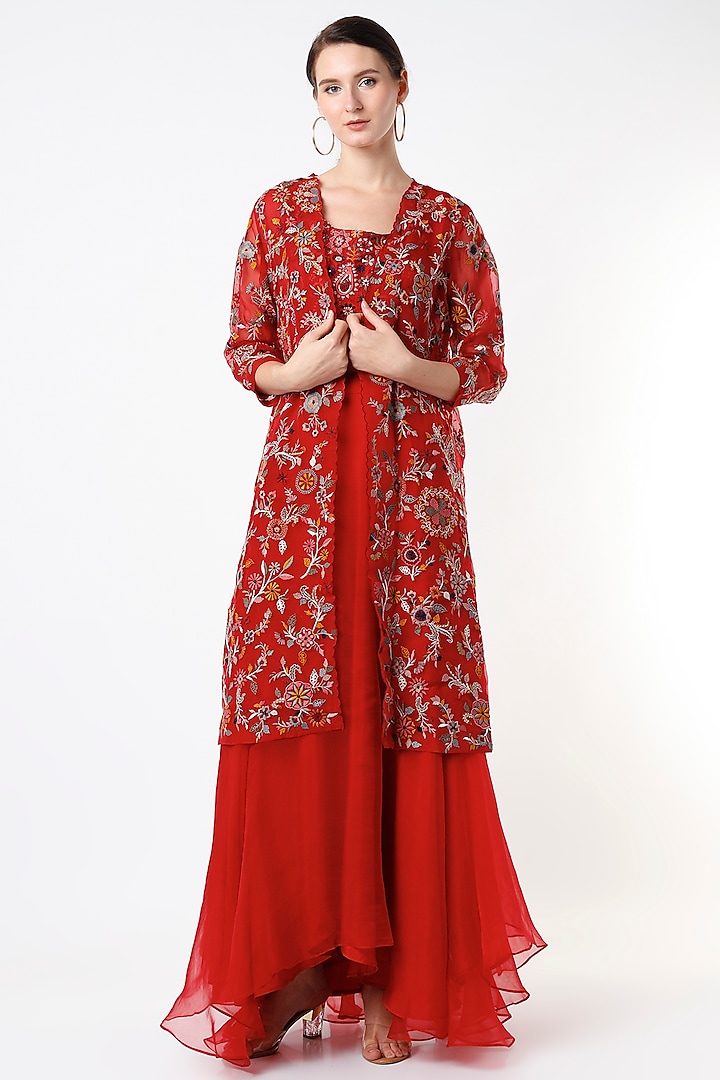 Poppy Red Silk Organza Sharara Set by Divyam Mehta