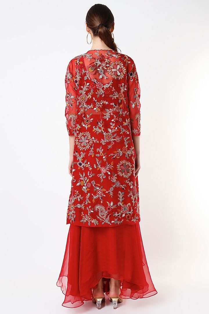 Poppy Red Silk Organza Wedding Sharara Set by Divyam Mehta at Pernia's Pop Up Shop