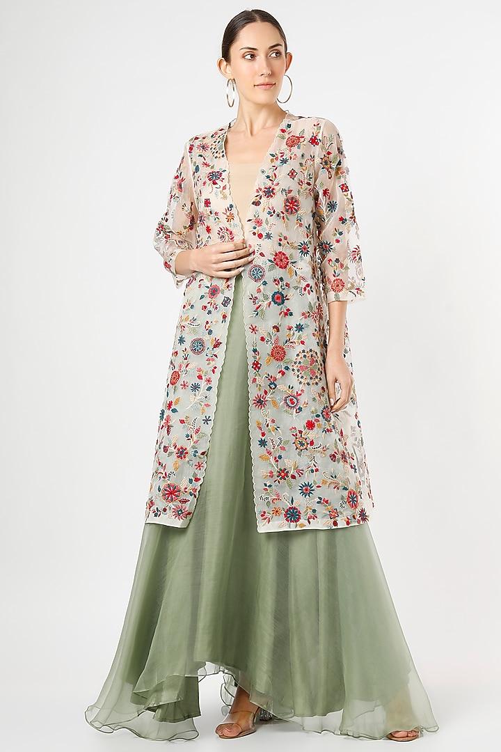 Mint Silk Organza Wedding Sharara Set by Divyam Mehta at Pernia's Pop Up Shop