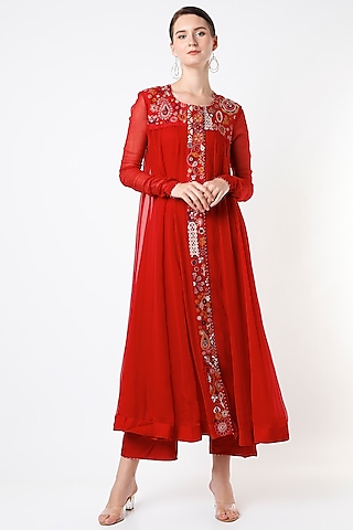 Poppy Red Embroidered Anarkali Set by Divyam Mehta