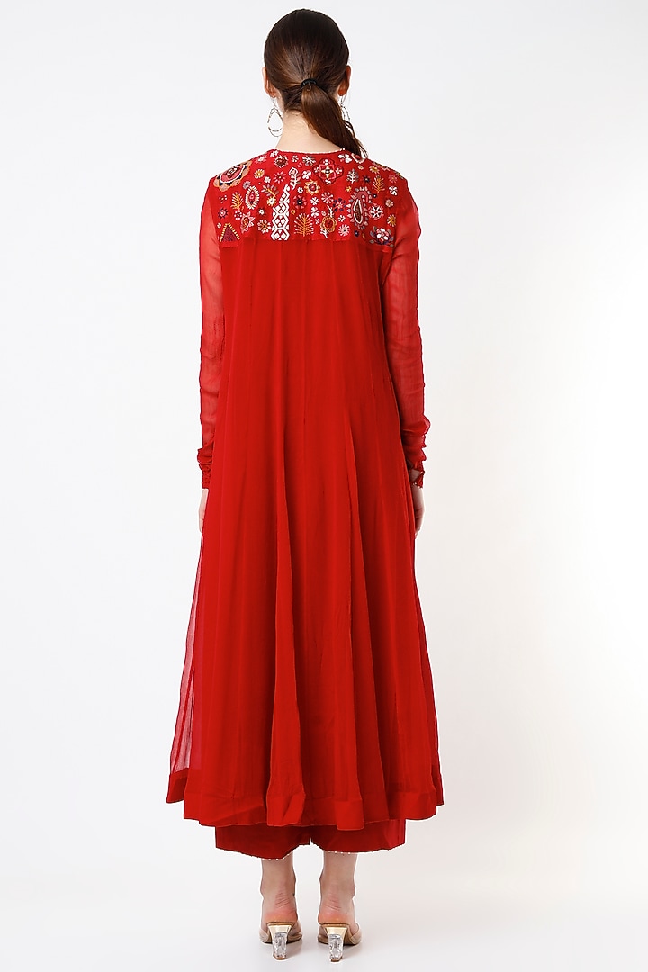 Poppy Red Embroidered Wedding Anarkali Set by Divyam Mehta at Pernia's Pop Up Shop