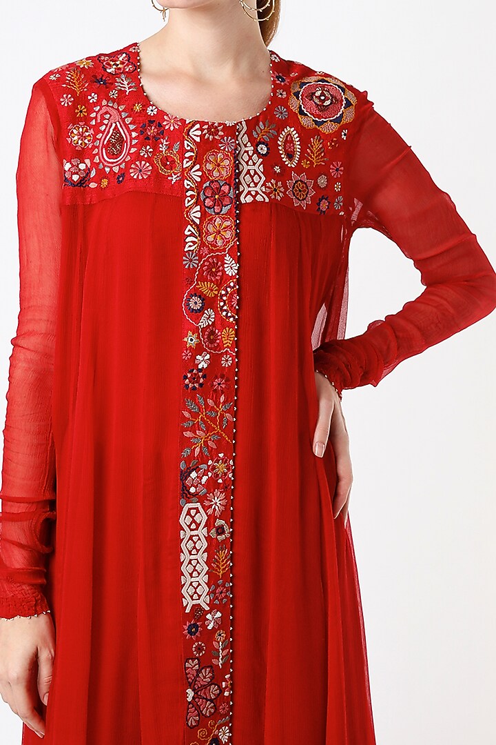 Poppy Red Embroidered Wedding Anarkali Set by Divyam Mehta at Pernia's Pop Up Shop