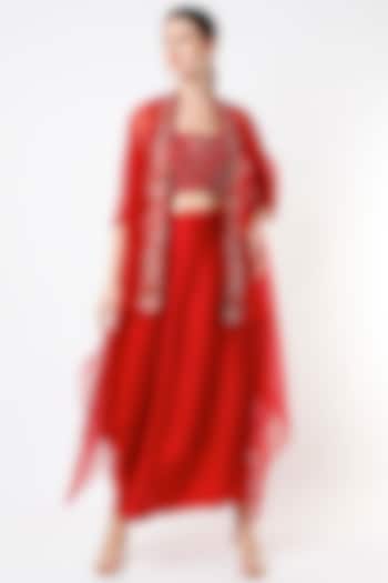 Poppy Red Draped Skirt Set by Divyam Mehta