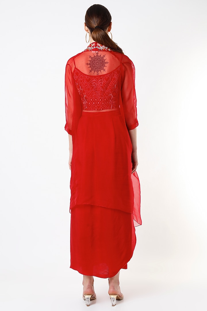 Poppy Red Silk Organza Thread Embroidered Cape Set by Divyam Mehta at Pernia's Pop Up Shop