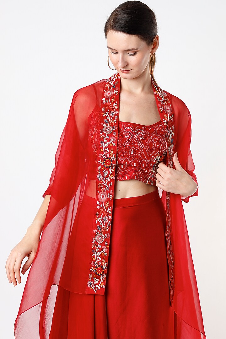 Poppy Red Silk Organza Thread Embroidered Cape Set by Divyam Mehta at Pernia's Pop Up Shop