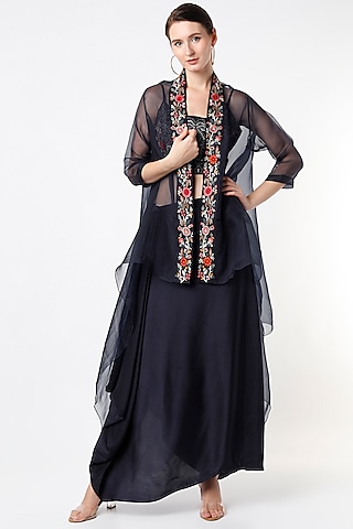 Space Blue Draped Skirt Set by Divyam Mehta