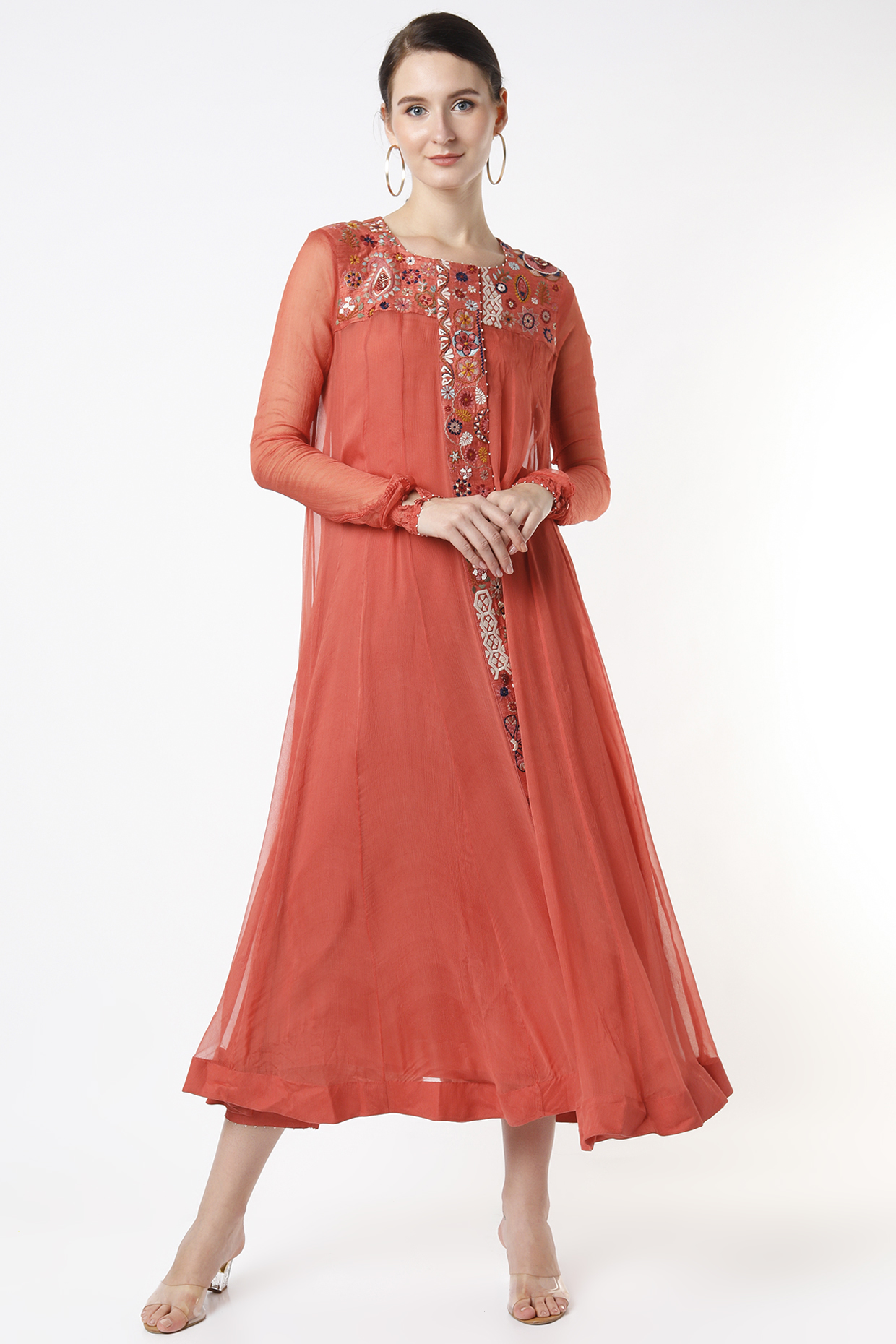 Tangerine Embroidered Wedding Anarkali Set by Divyam Mehta at Pernia's Pop Up Shop