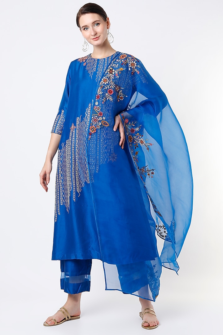 Electric Blue Hand Embroidered Kurta Set by Divyam Mehta