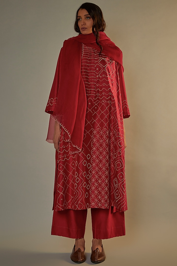 Red Mulberry Silk Embroidered Kurta Set by Divyam Mehta