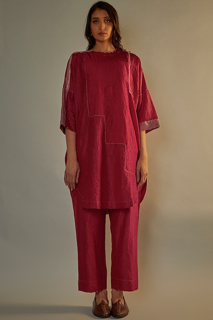 Red Mulberry Silk Co-Ord Set by Divyam Mehta