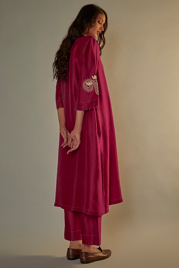 Red Dupion Silk Embroidered Kurta Set by Divyam Mehta at Pernia's Pop Up Shop