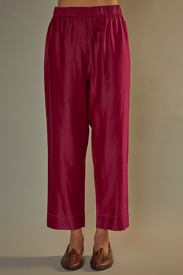 Red Dupion Silk Embroidered Kurta Set by Divyam Mehta at Pernia's Pop Up Shop