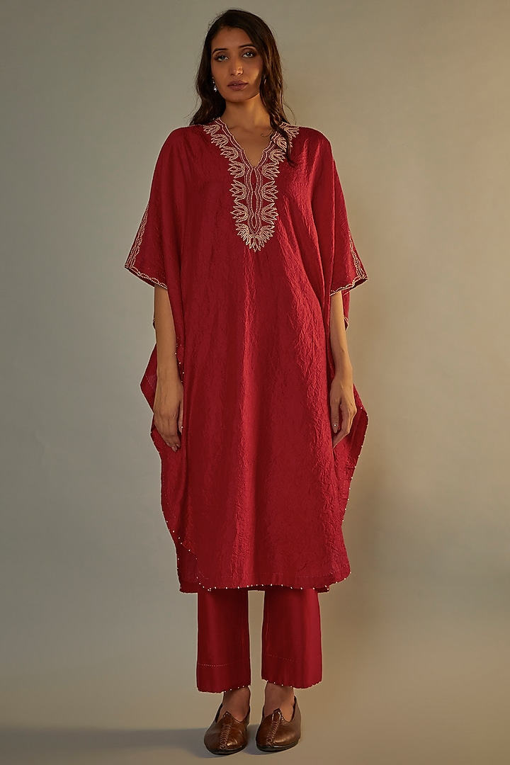 Red Mulberry Silk Embroidered Kaftan Set by Divyam Mehta