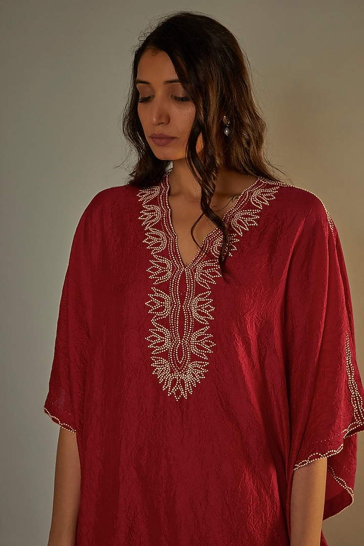 Red Mulberry Silk Embroidered Kaftan Set by Divyam Mehta at Pernia's Pop Up Shop