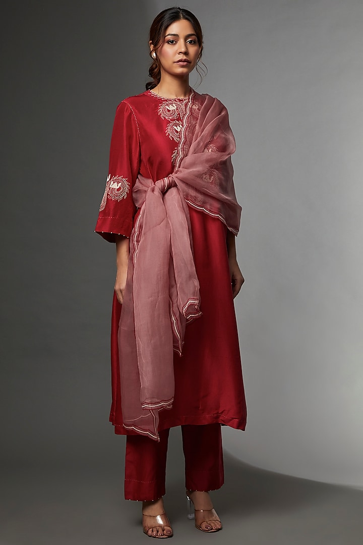 Red Mulberry Silk Embroidered Kurta Set by Divyam Mehta