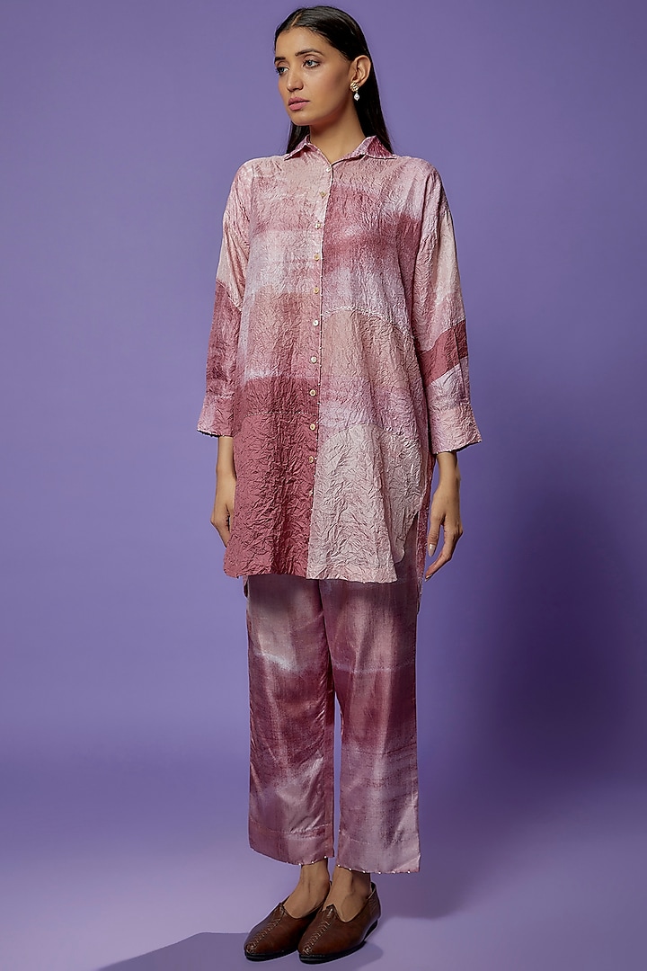 Pink Mulberry Silk Printed Long Shirt by Divyam Mehta
