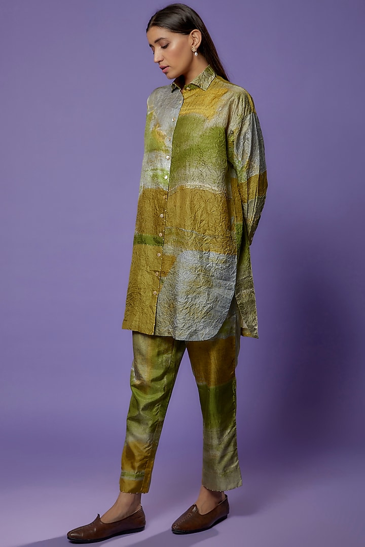 Lime Green Mulberry Silk Blocked Printed Shirt by Divyam Mehta