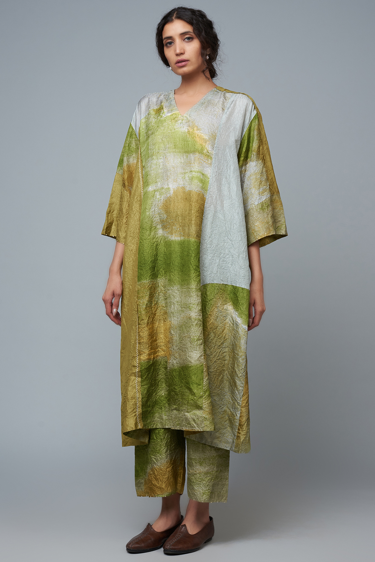 Lime Green Mulberry Silk Printed Kurta Set by Divyam Mehta at Pernia's Pop Up Shop
