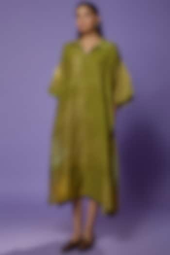 Lime Green Matka Silk Printed Dress by Divyam Mehta