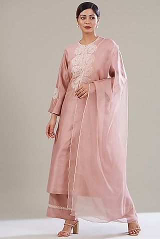 Pink Mulberry Silk Embroidered Kurta Set by Divyam Mehta