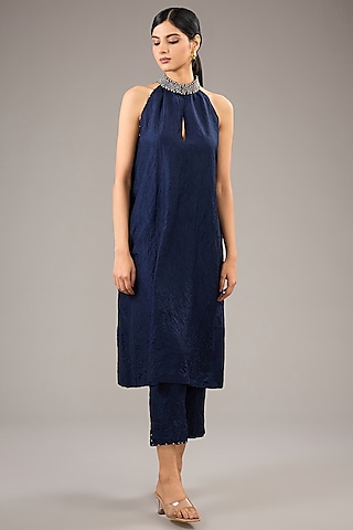 Dark Indigo Mulberry Silk French Knot Embroidered Halter Tunic Set by Divyam Mehta