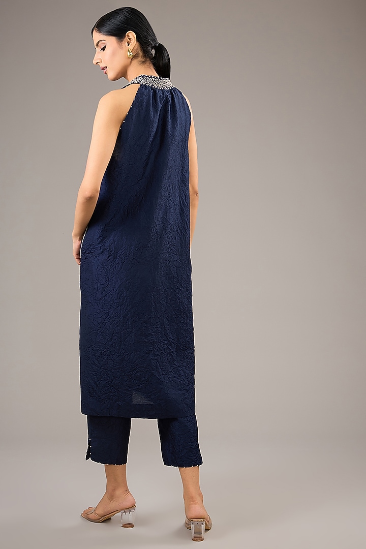 Dark Indigo Mulberry Silk French Knot Embroidered Halter Tunic Set by Divyam Mehta at Pernia's Pop Up Shop