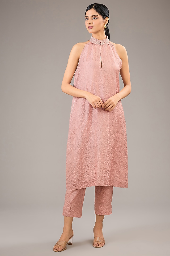 Rose Quartz Mulberry Silk French Knot Embroidered Halter Tunic Set by Divyam Mehta at Pernia's Pop Up Shop