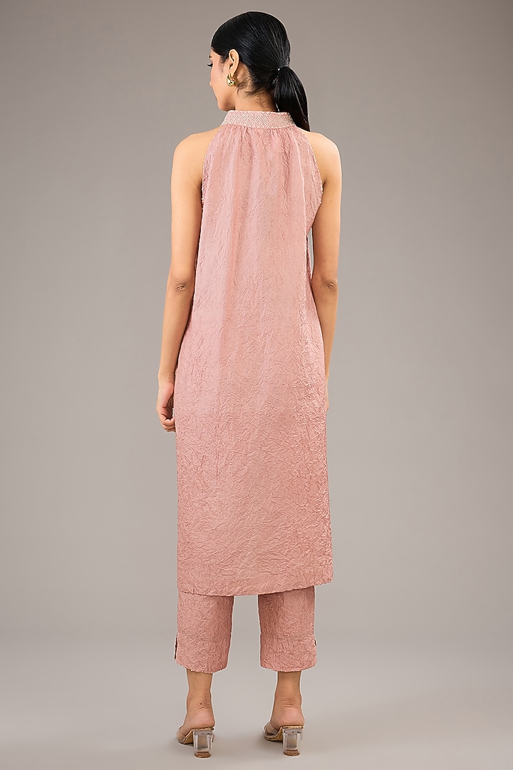 Rose Quartz Mulberry Silk French Knot Embroidered Halter Tunic Set by Divyam Mehta at Pernia's Pop Up Shop