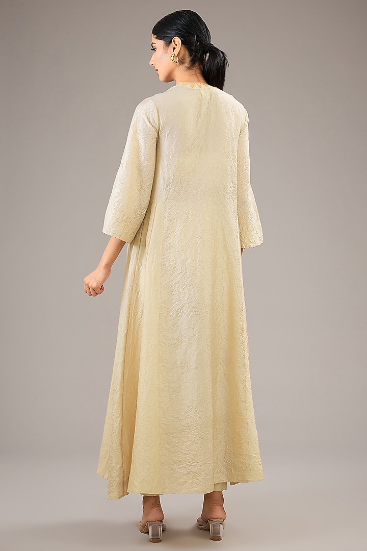 Badami Beige Mulberry Silk Patchwork Kurta Set by Divyam Mehta at Pernia's Pop Up Shop