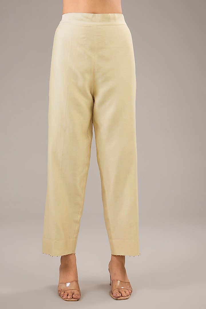 Badami Beige Mulberry Silk Patchwork Kurta Set by Divyam Mehta at Pernia's Pop Up Shop