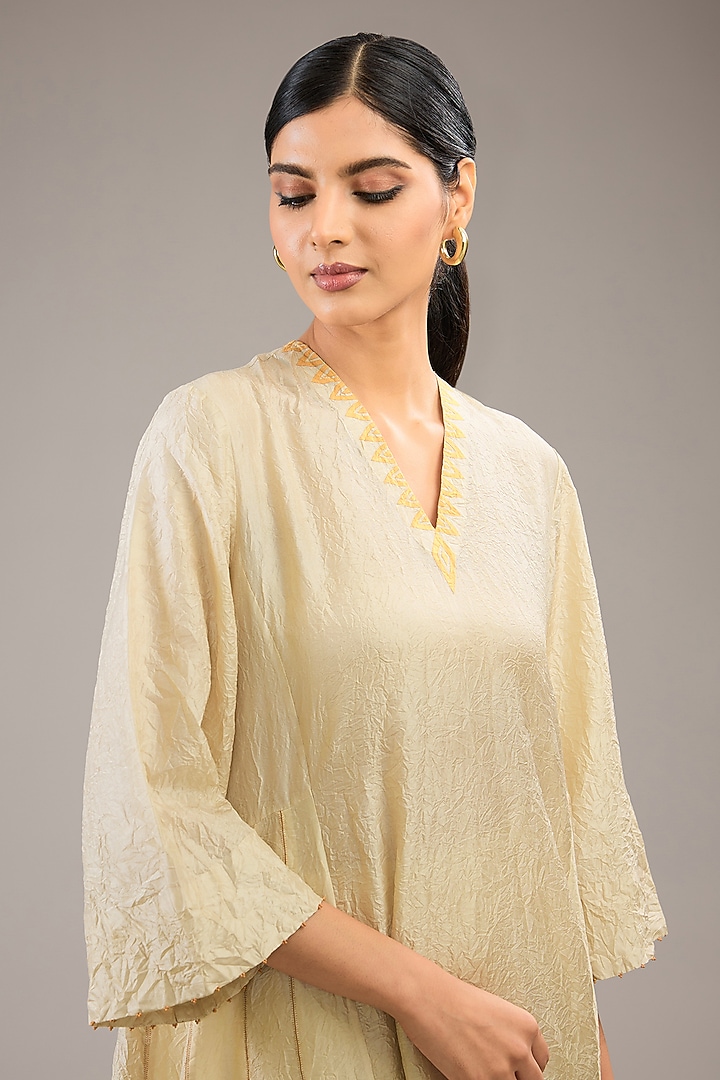 Badami Beige Mulberry Silk Patchwork Kurta Set by Divyam Mehta at Pernia's Pop Up Shop