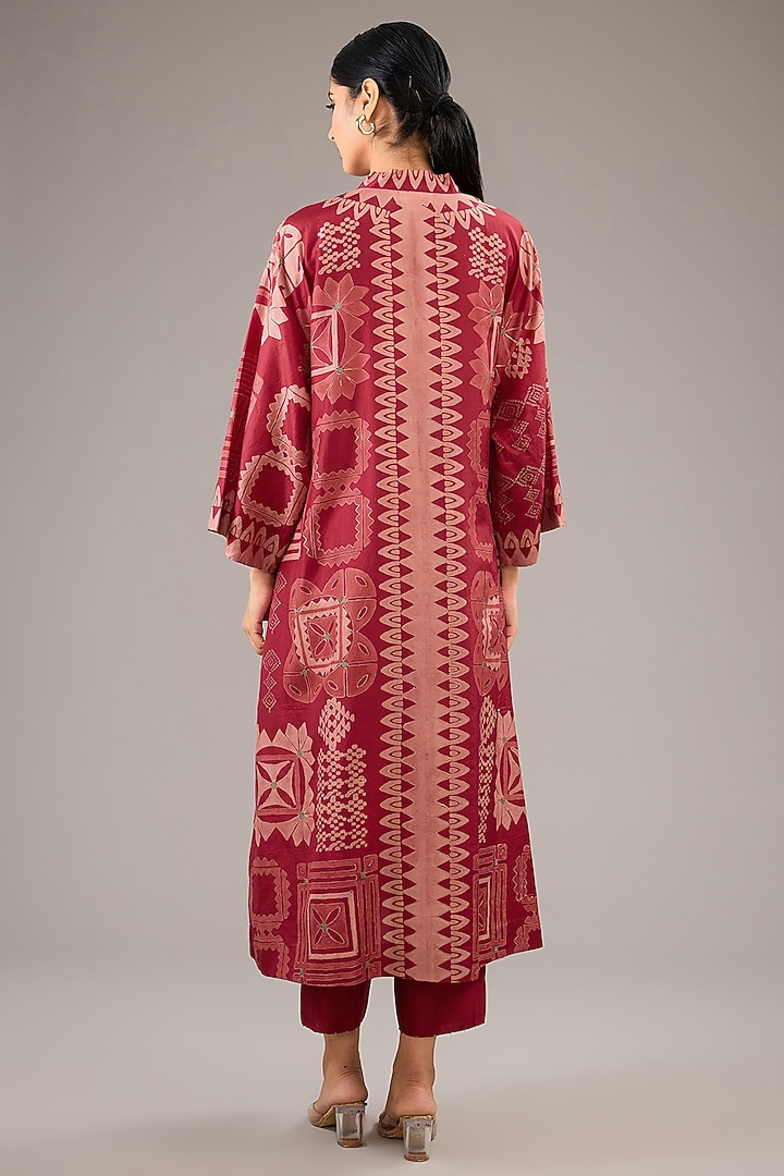 Red Mulberry Silk Block Printed Kurta Set by Divyam Mehta at Pernia's Pop Up Shop