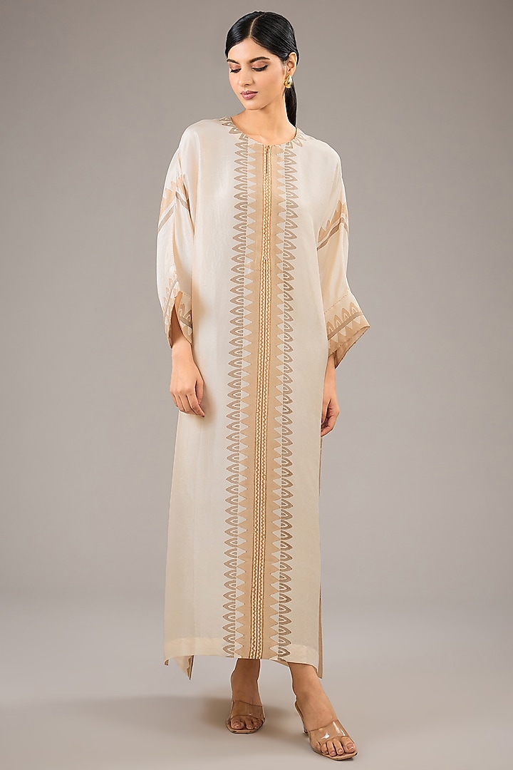 Badami Beige Dupion Silk Block Printed Kaftan by Divyam Mehta at Pernia's Pop Up Shop