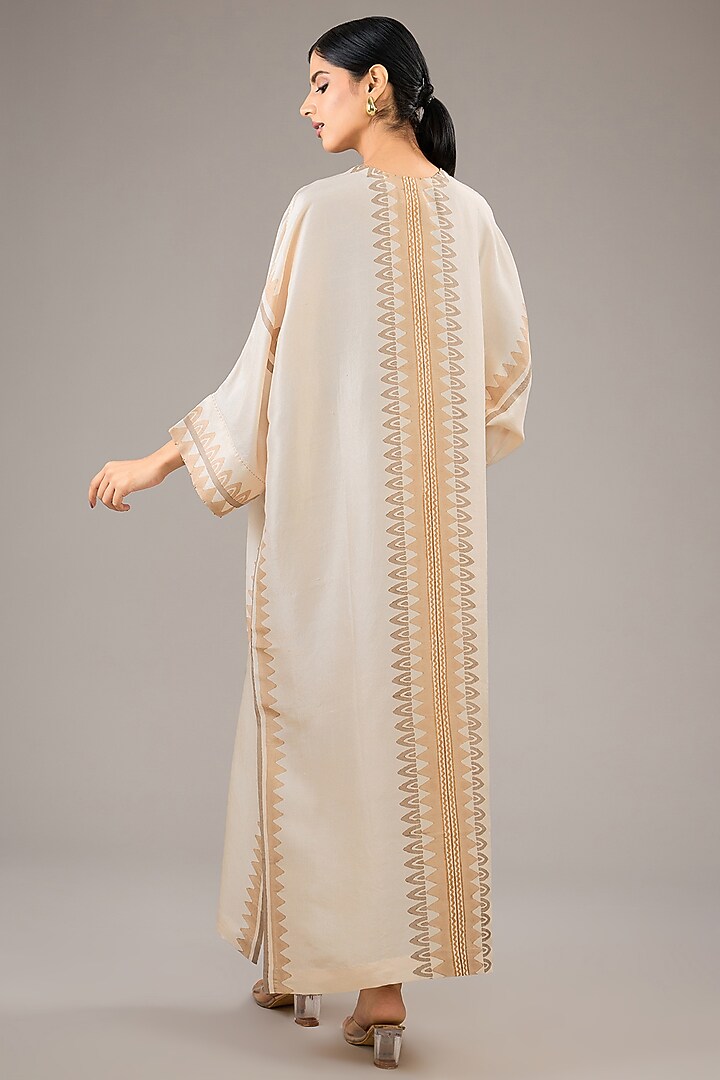 Badami Beige Dupion Silk Block Printed Kaftan by Divyam Mehta at Pernia's Pop Up Shop