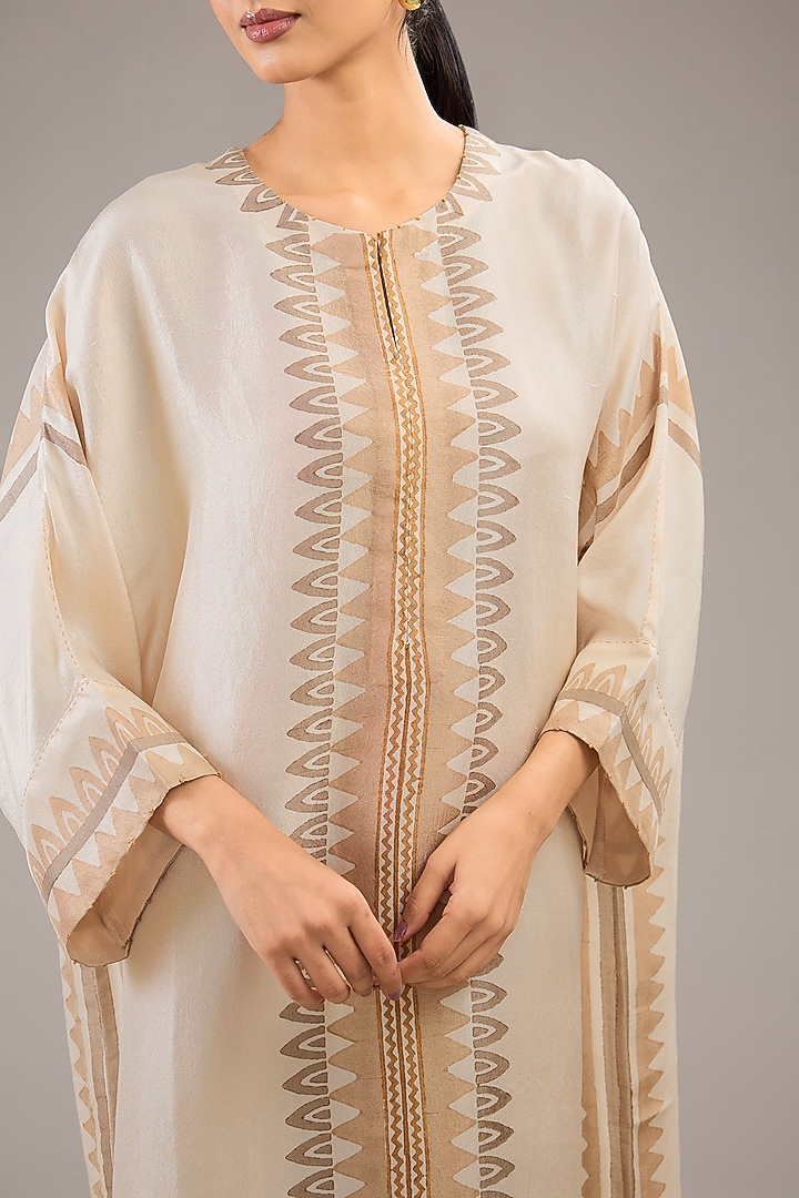 Badami Beige Dupion Silk Block Printed Kaftan by Divyam Mehta at Pernia's Pop Up Shop