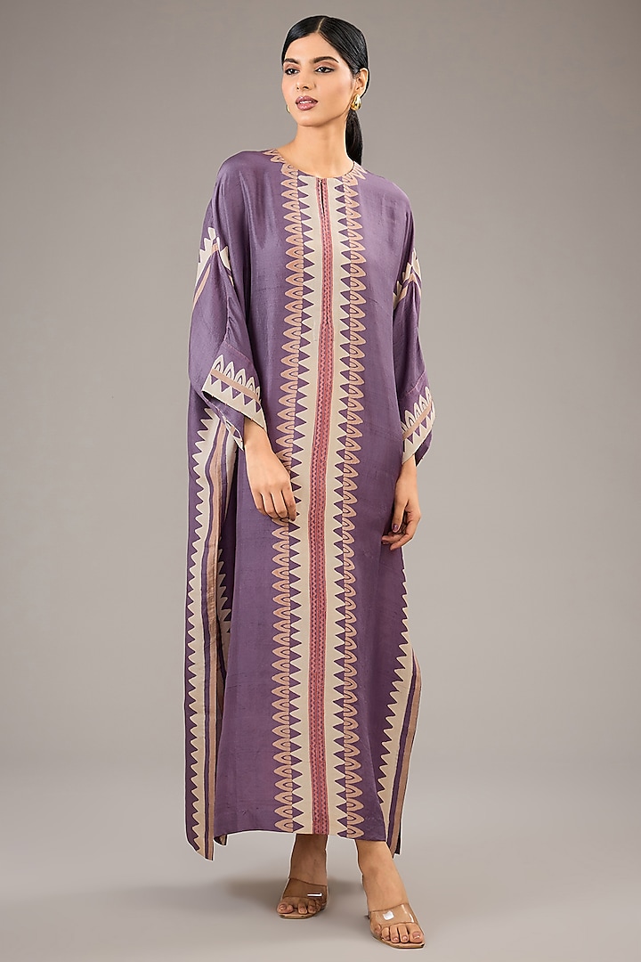 Orchid Purple Dupion Silk Block Printed Kaftan by Divyam Mehta at Pernia's Pop Up Shop