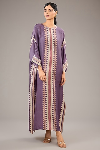 Orchid Purple Dupion Silk Block Printed Kaftan by Divyam Mehta