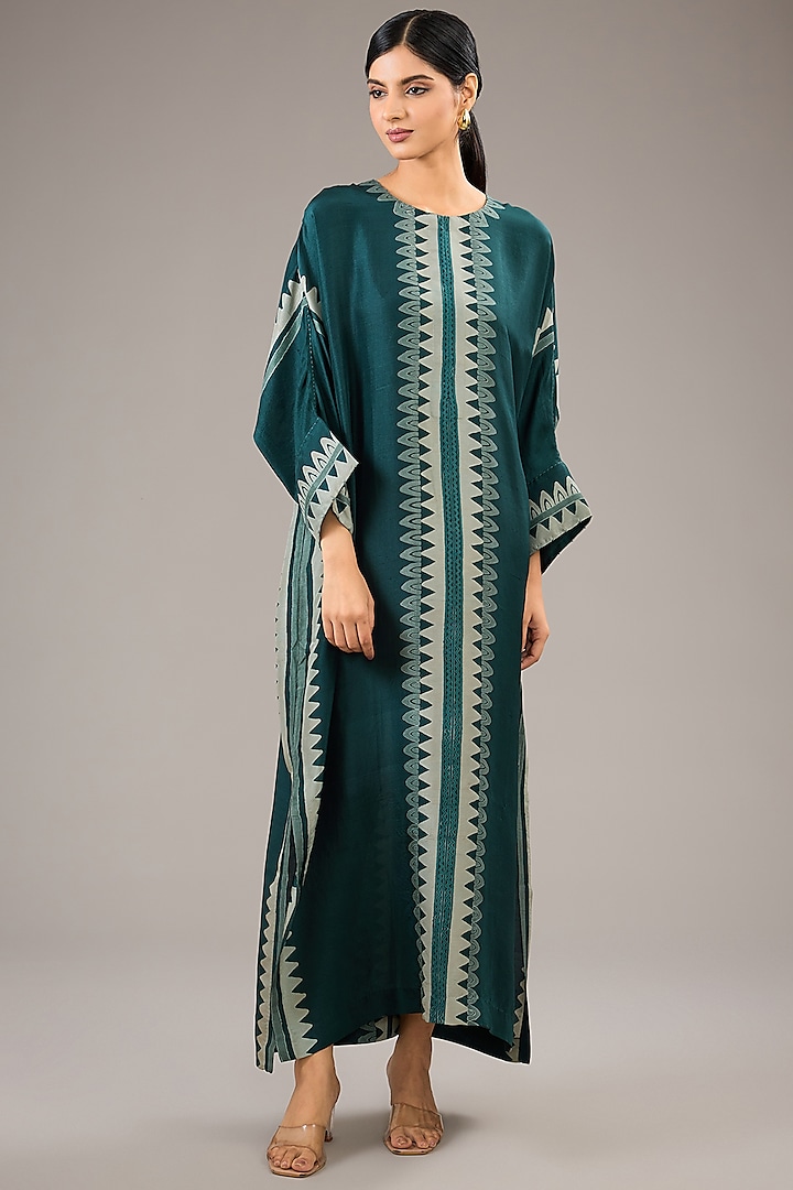 Sea Green Dupion Silk Block Printed Kaftan by Divyam Mehta at Pernia's Pop Up Shop