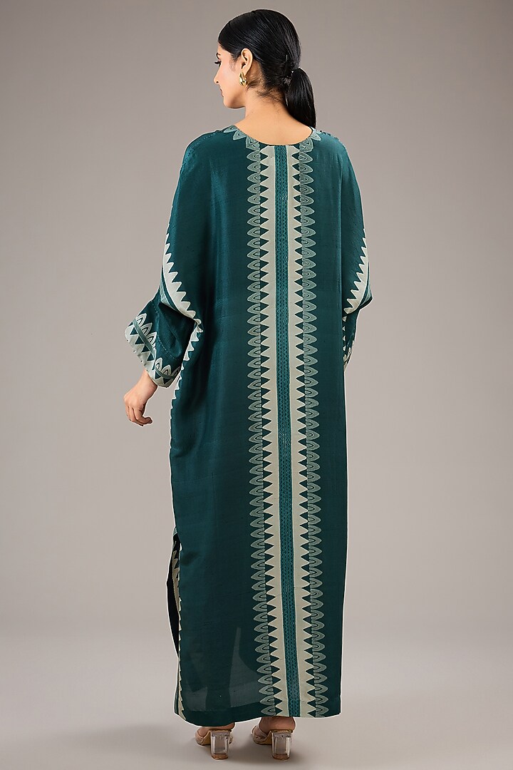 Sea Green Dupion Silk Block Printed Kaftan by Divyam Mehta at Pernia's Pop Up Shop