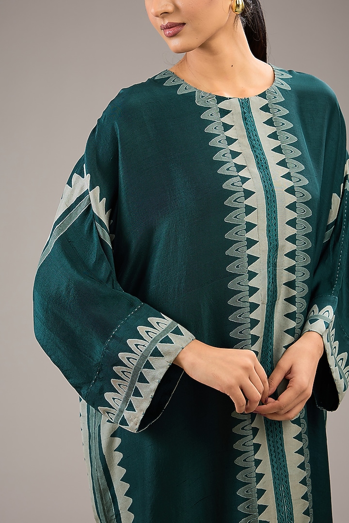 Sea Green Dupion Silk Block Printed Kaftan by Divyam Mehta at Pernia's Pop Up Shop