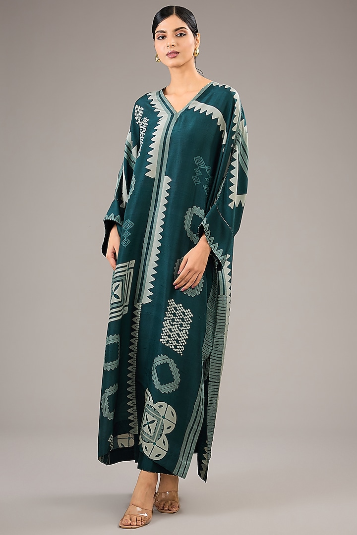 Sea Green Dupion Silk Block Printed Kaftan Set by Divyam Mehta