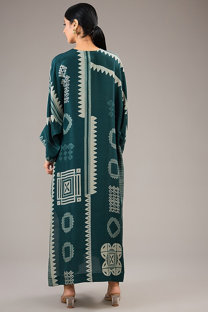 Sea Green Dupion Silk Block Printed Kaftan Set by Divyam Mehta at Pernia's Pop Up Shop