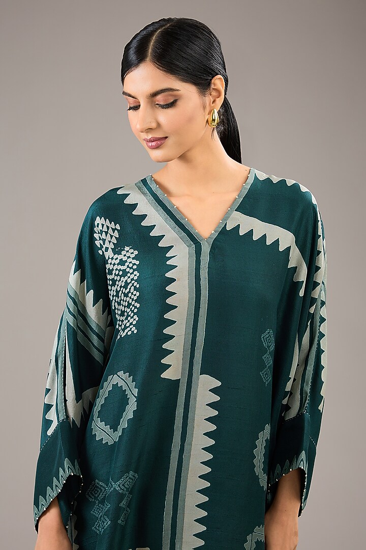 Sea Green Dupion Silk Block Printed Kaftan Set by Divyam Mehta at Pernia's Pop Up Shop
